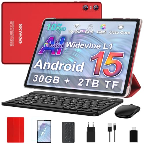 OFERTA: SKYEGG Tablet 10 Android 15 con Gemini AI, 30 GB + Ampliable 2 TB , Octa-Core, Widevine L1, G, BT 5.0, Cámara 8 MP + 5 MP, Batería 6000 mAh, con Teclado, Ratón y Funda – Rojo con descuento
