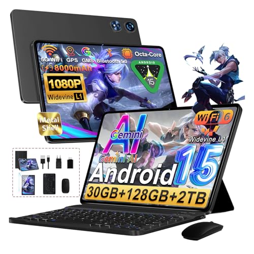 OPORTUNIDAD: Tablet 10 Android 15 con Gemini AI, 30GB +128GB Ampliable 2TB, Octa-Core, , Widevine L1, Batería 8000mAh, 5G & BT 5.0, GPS, OTG, Cámara 5+8MP, Teclado, Ratón y Funda-Negro en promoción