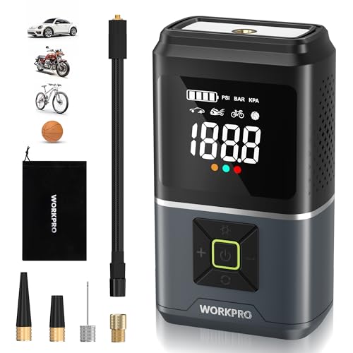 WORKPRO Inflador Neumáticos Inalámbrico 7,2V, Compresor Portátil 150PSI | Compresor de Aire Inalámbrico con Pantalla LED Digital y 4 Modos de Inflado para Neumáticos y Accesorios