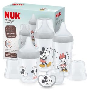 DESCUENTO: NUK Perfect Match Set de biberones | +0-6 meses | Se adapta al bebé como el pecho de mama | 3 biberones anticólico y chupete Space | Mickey Mouse de Disney | 4 uds. con oferta