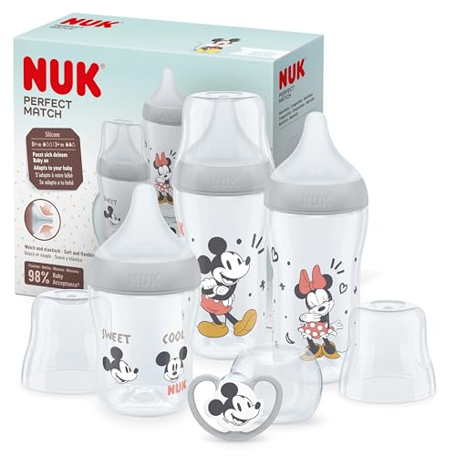 DESCUENTO: NUK Perfect Match Set de biberones | +0-6 meses | Se adapta al bebé como el pecho de mama | 3 biberones anticólico y chupete Space | Mickey Mouse de Disney | 4 uds. con oferta